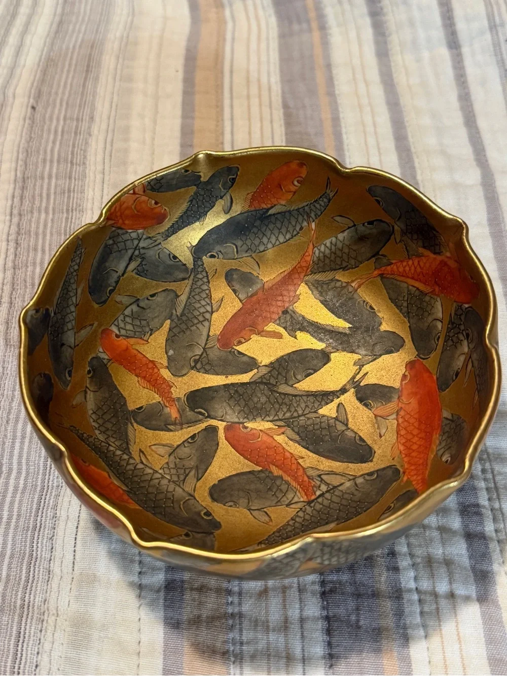 Antique Japanese Satsuma Bowl Gold Embossed Porcelain  Koi Fish